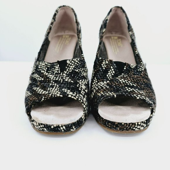 Toms Stella Tweed Peep Toe Wedges 6 Black Brown Cream Slip On Boucle Houndstooth - Picture 3 of 13